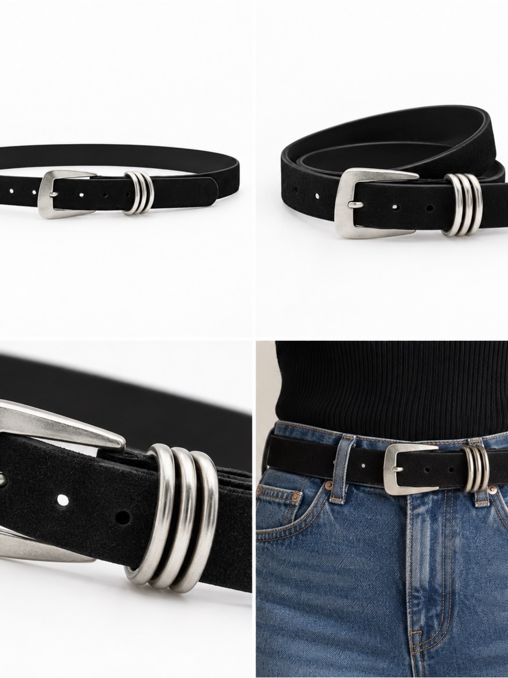 Zara Black Suede Belt with Silver Triple Ring Detail